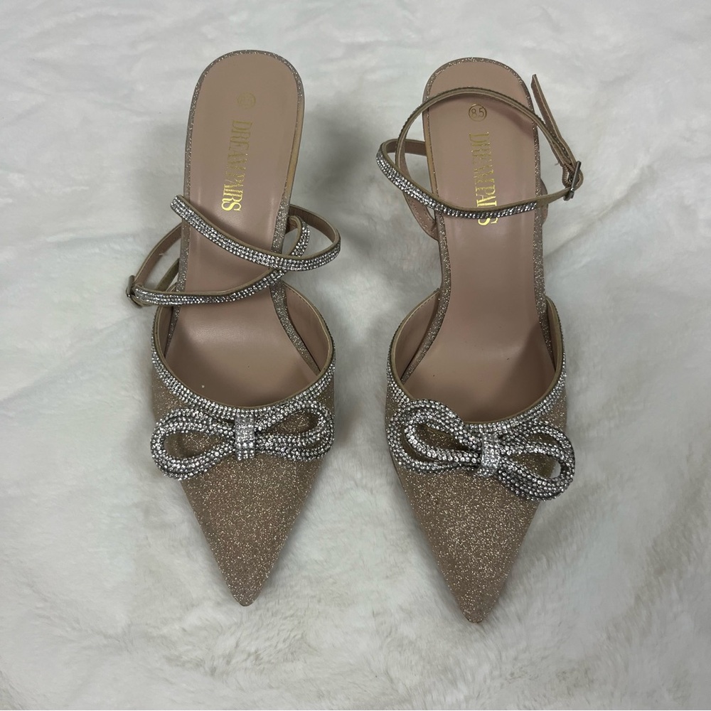 DREAM PAIRS GOLD GLITTER HEELS WITH CRYSTAL BOW SIZE 8.5 - Picture 7 of 16